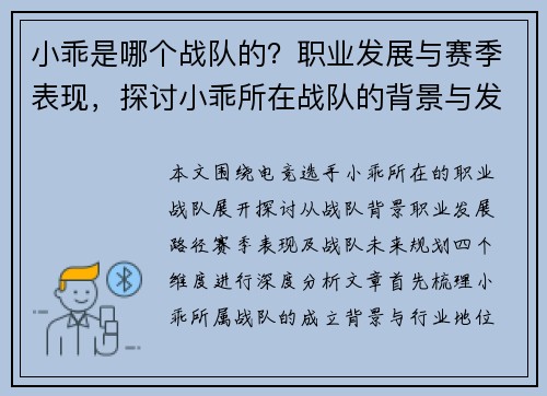 小乖是哪个战队的？职业发展与赛季表现，探讨小乖所在战队的背景与发展