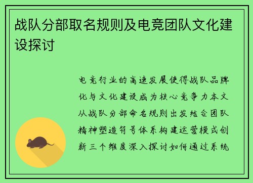 战队分部取名规则及电竞团队文化建设探讨